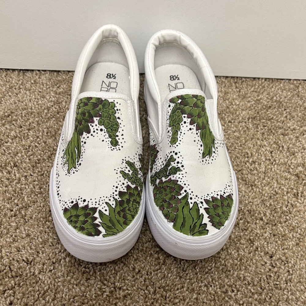 White Slip-On Shoes with Hand Painted Succulents